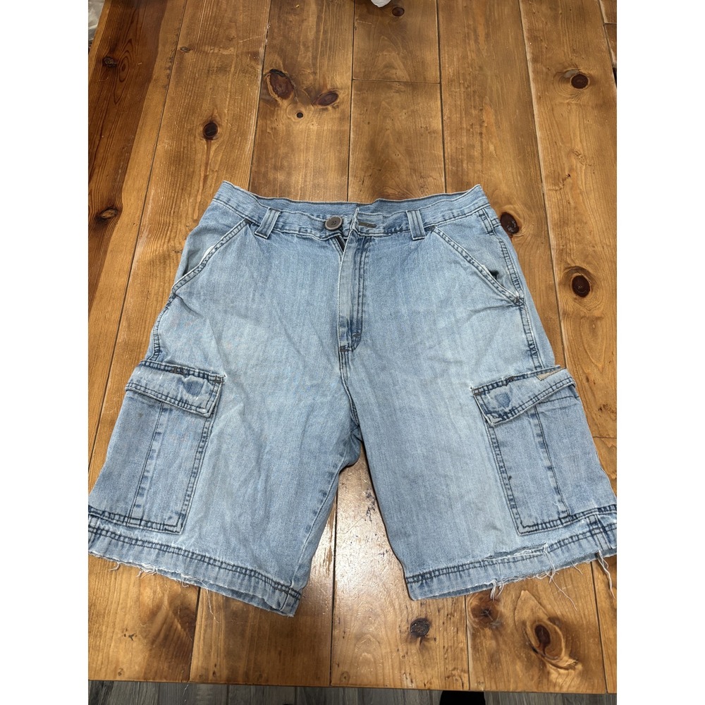 Men's Light Wash Denim Cargo Shorts Faded Distressed Hem‎ Casual Summer